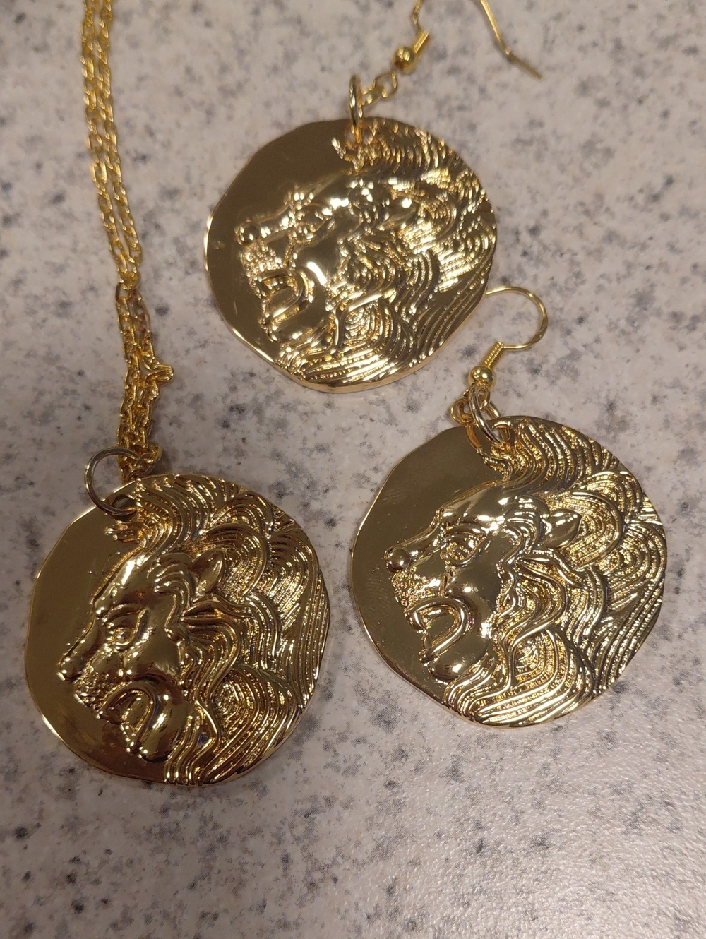 Gold Lion Medallion Necklace and Earrings Set - Women's Jewelry